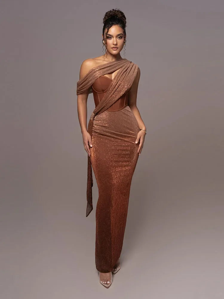 Women's Luxe One-Shoulder Long Dress Sculpted Bodycon Formal Wedding Evening Gala Elegant – Agatha