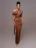 Women's Luxe One-Shoulder Long Dress Sculpted Bodycon Formal Wedding Evening Gala Elegant – Agatha