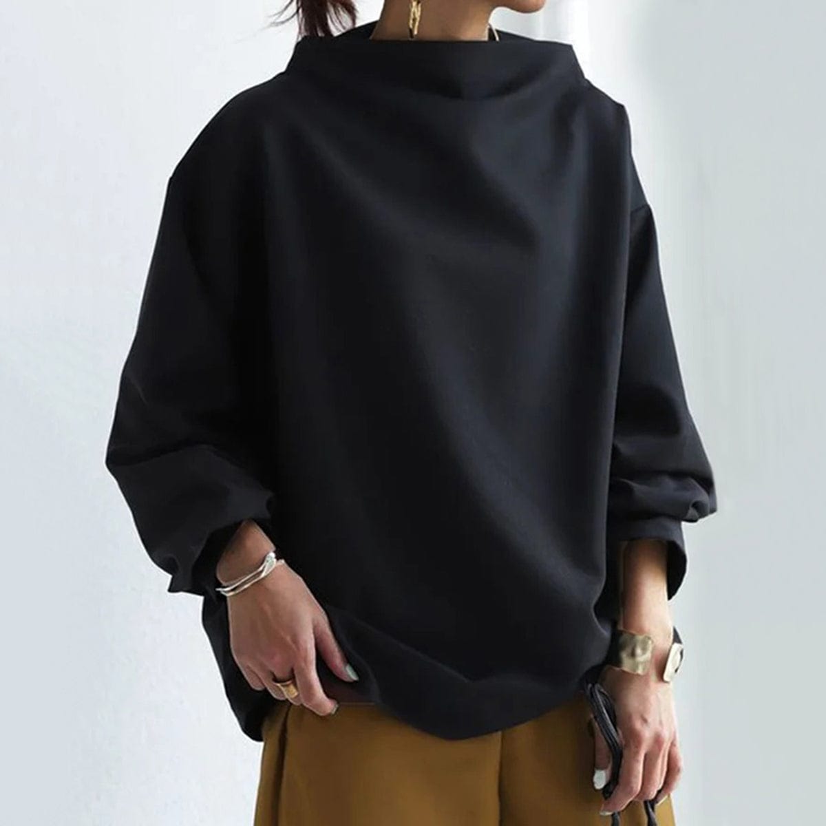 Women's Sophisticated High Neck Top Relaxed Silhouette Long Sleeve Casual Elegant – Renli