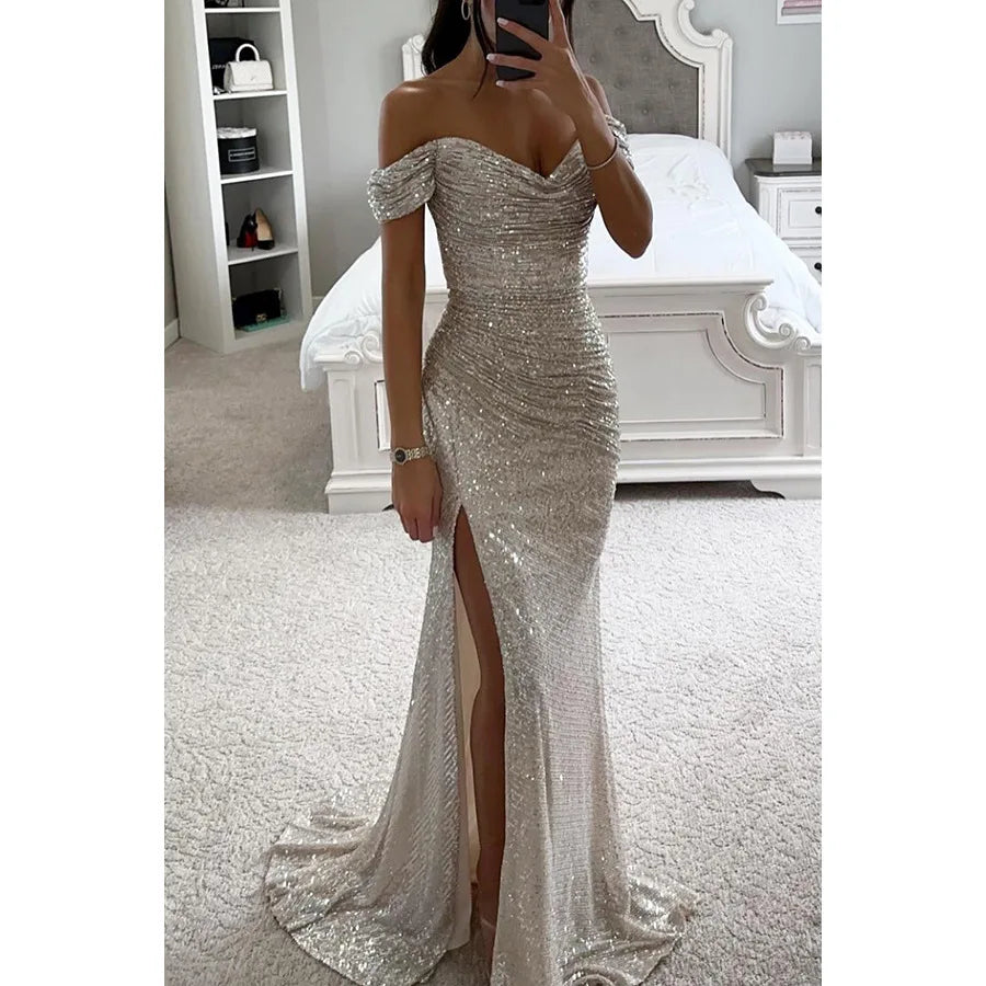 Women's Long Off-Shoulder Sequin Evening Dress Slit Elegant Formal Gown