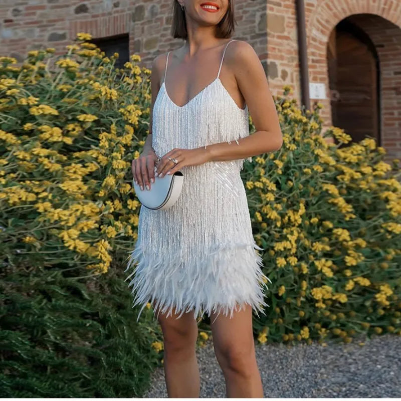Pink Feather Sequin Mini Elegant Dress Spaghetti Straps Glam Cocktail Night Out Party Dress