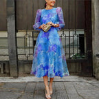 Women's Floral Midi Wedding Guest Dress Long Sheer Sleeves Fluid Romantic Elegant Formal