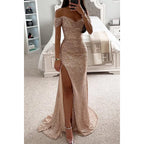 Women's Long Off-Shoulder Sequin Evening Dress Slit Elegant Formal Gown