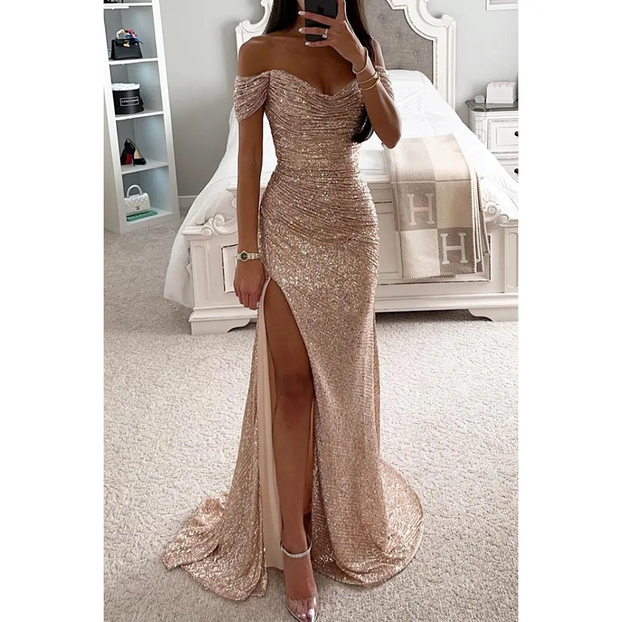 Women's Long Off-Shoulder Sequin Evening Dress Slit Elegant Formal Gown