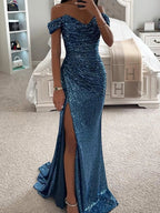Women's Long Off-Shoulder Sequin Evening Dress Slit Elegant Formal Gown