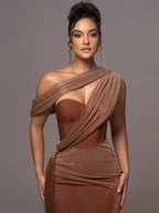 Women's Luxe One-Shoulder Long Dress Sculpted Bodycon Formal Wedding Evening Gala Elegant – Agatha