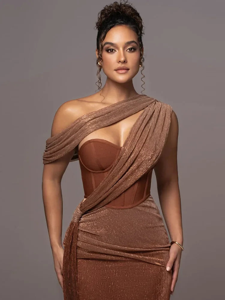 Women's Luxe One-Shoulder Long Dress Sculpted Bodycon Formal Wedding Evening Gala Elegant – Agatha
