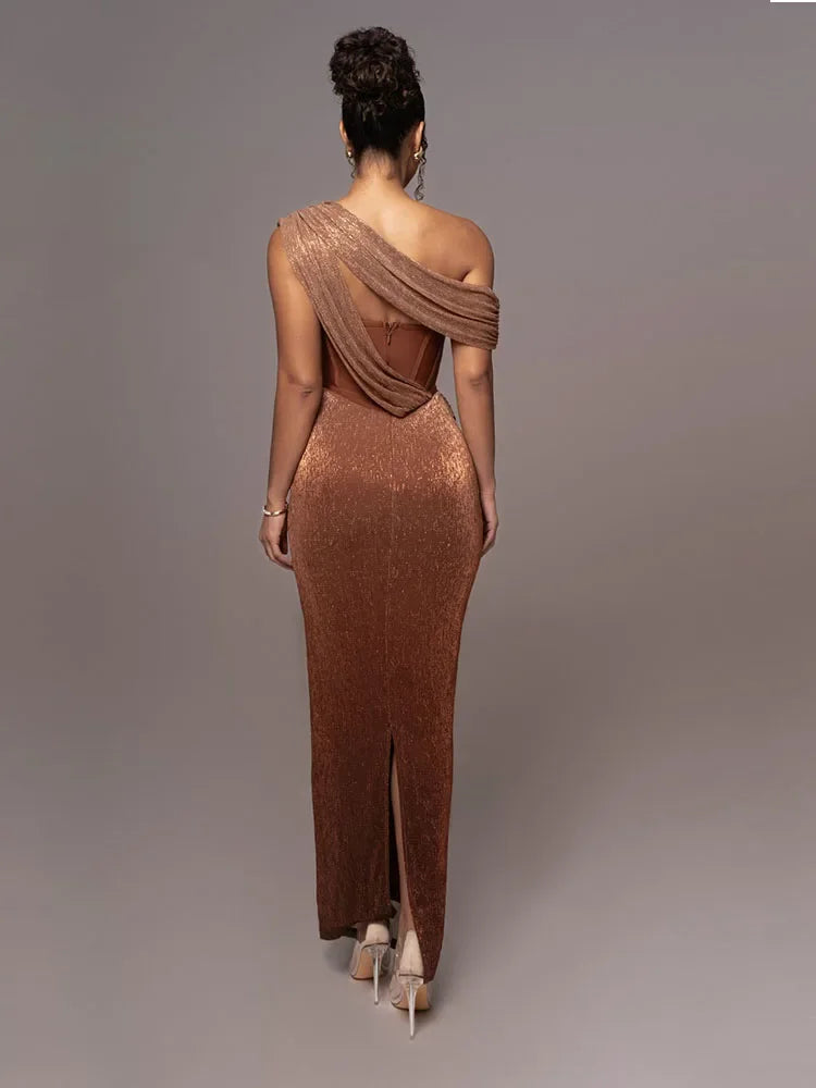 Women's Luxe One-Shoulder Long Dress Sculpted Bodycon Formal Wedding Evening Gala Elegant – Agatha