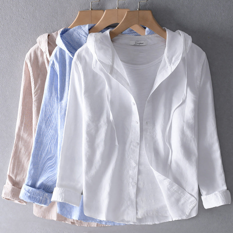 Women's Breathable Linen Blend Blouse Hooded Button Placket Loose Fit Casual Everyday – White