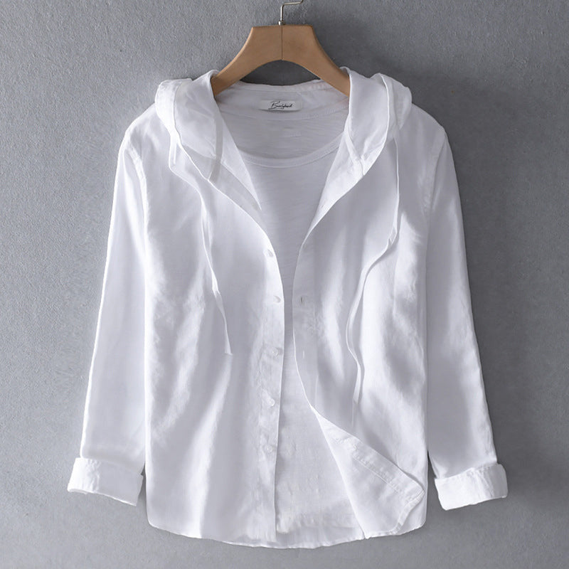 Women's Breathable Linen Blend Blouse Hooded Button Placket Loose Fit Casual Everyday – White