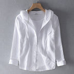 Women's Breathable Linen Blend Blouse Hooded Button Placket Loose Fit Casual Everyday – White