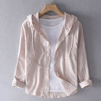 Women's Breathable Linen Blend Blouse Hooded Button Placket Loose Fit Casual Everyday – White