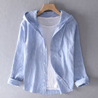 Women's Breathable Linen Blend Blouse Hooded Button Placket Loose Fit Casual Everyday – White
