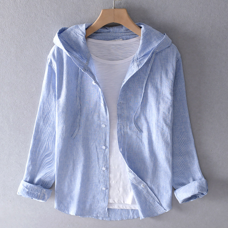 Women's Breathable Linen Blend Blouse Hooded Button Placket Loose Fit Casual Everyday – White