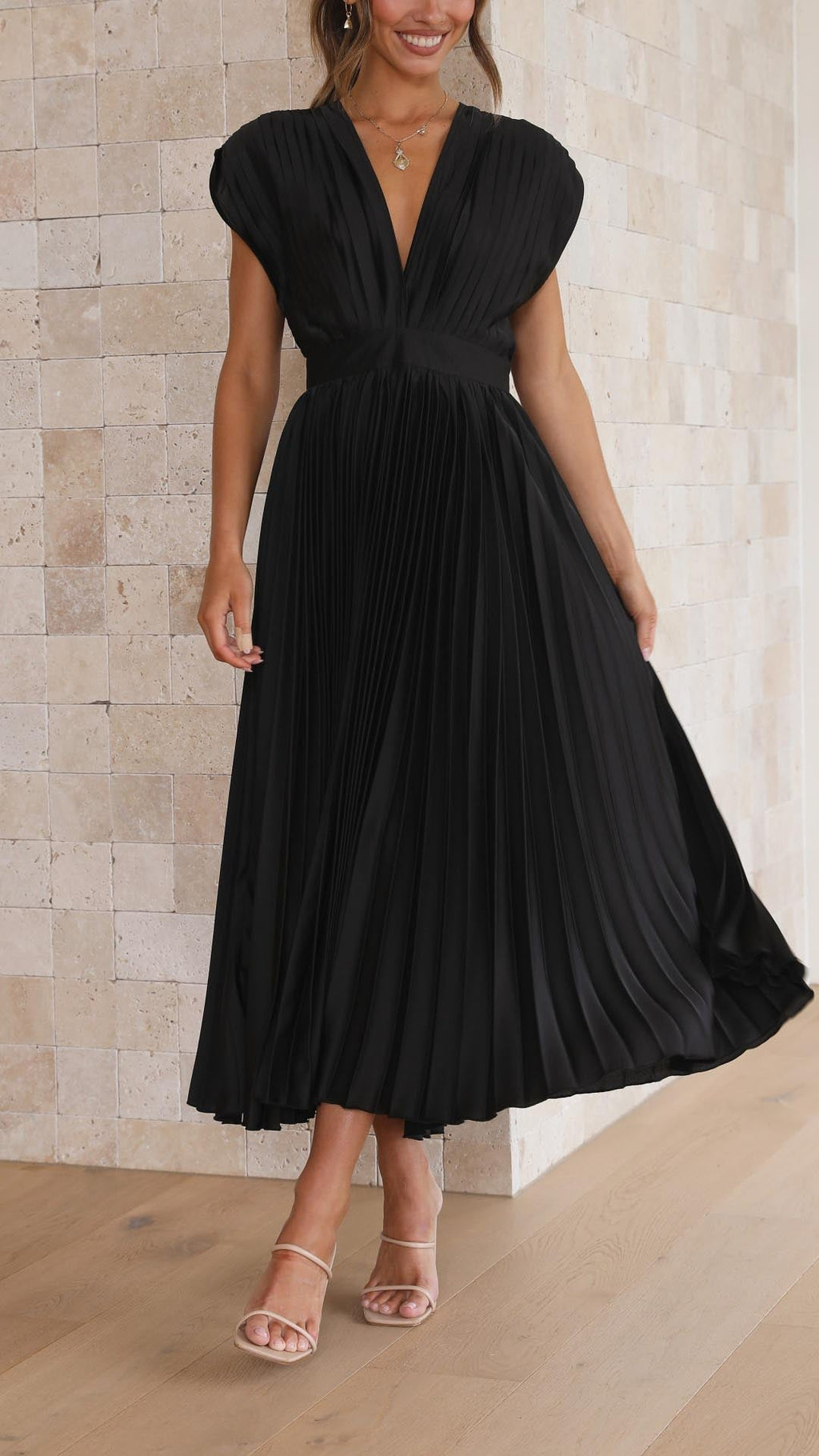 Women's Elegant Pleated Midi Dress V-Neck Wrap Flowing Wedding Guest Casual Evening Formal – Maria
