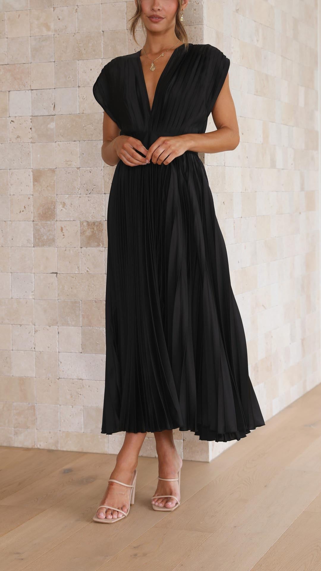 Women's Elegant Pleated Midi Dress V-Neck Wrap Flowing Wedding Guest Casual Evening Formal – Maria