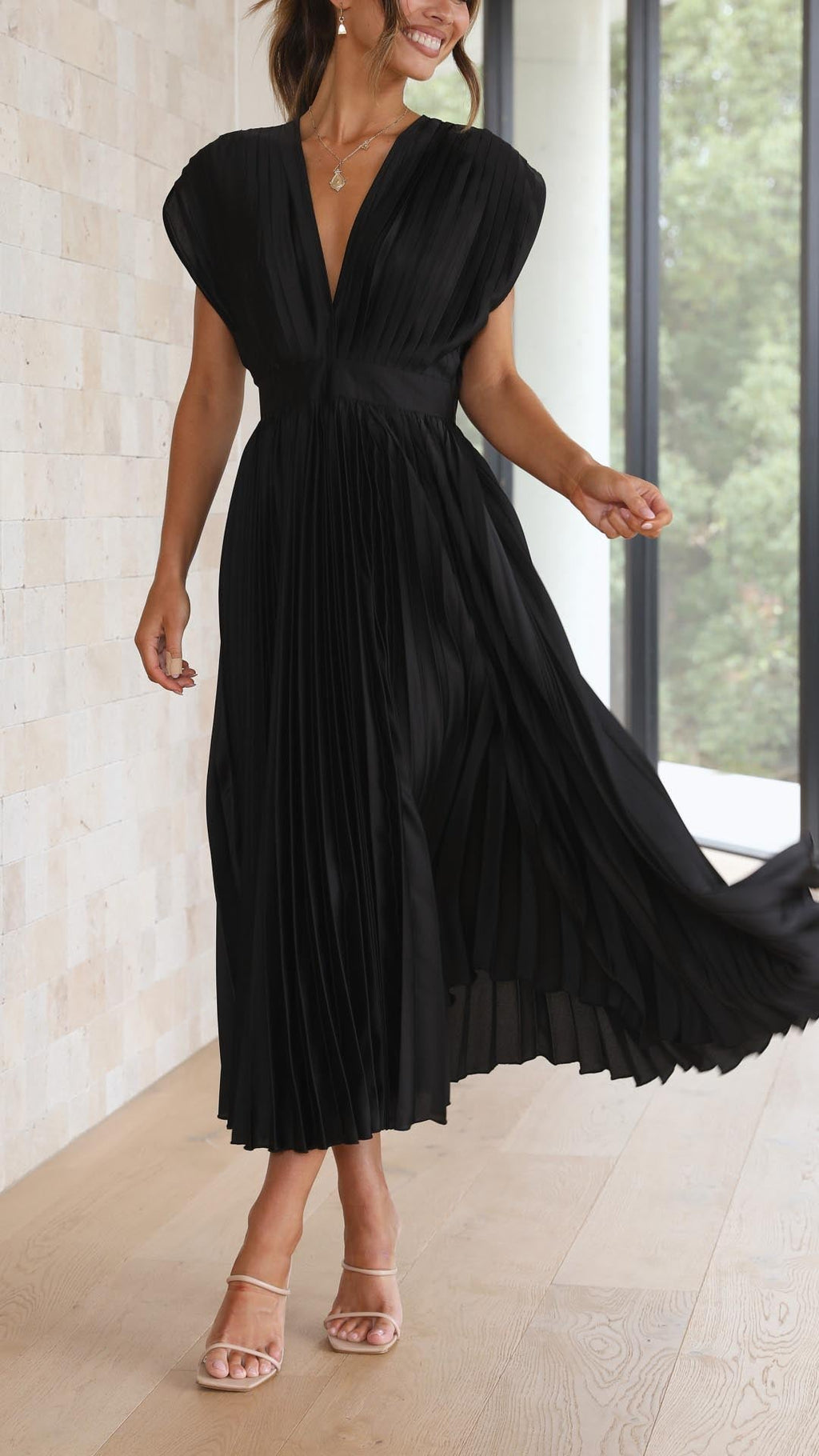 Women's Elegant Pleated Midi Dress V-Neck Wrap Flowing Wedding Guest Casual Evening Formal – Maria