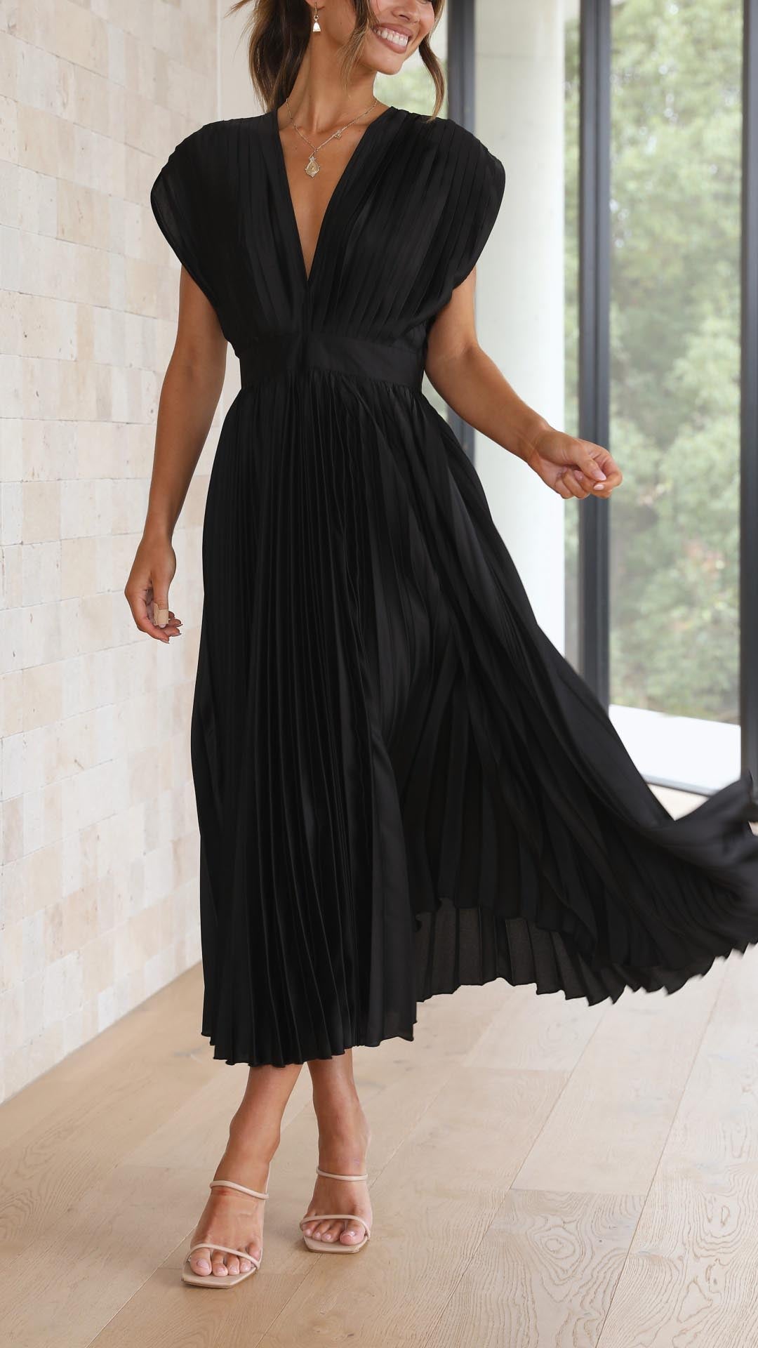 Women's Elegant Pleated Midi Dress V-Neck Wrap Flowing Wedding Guest Casual Evening Formal – Maria