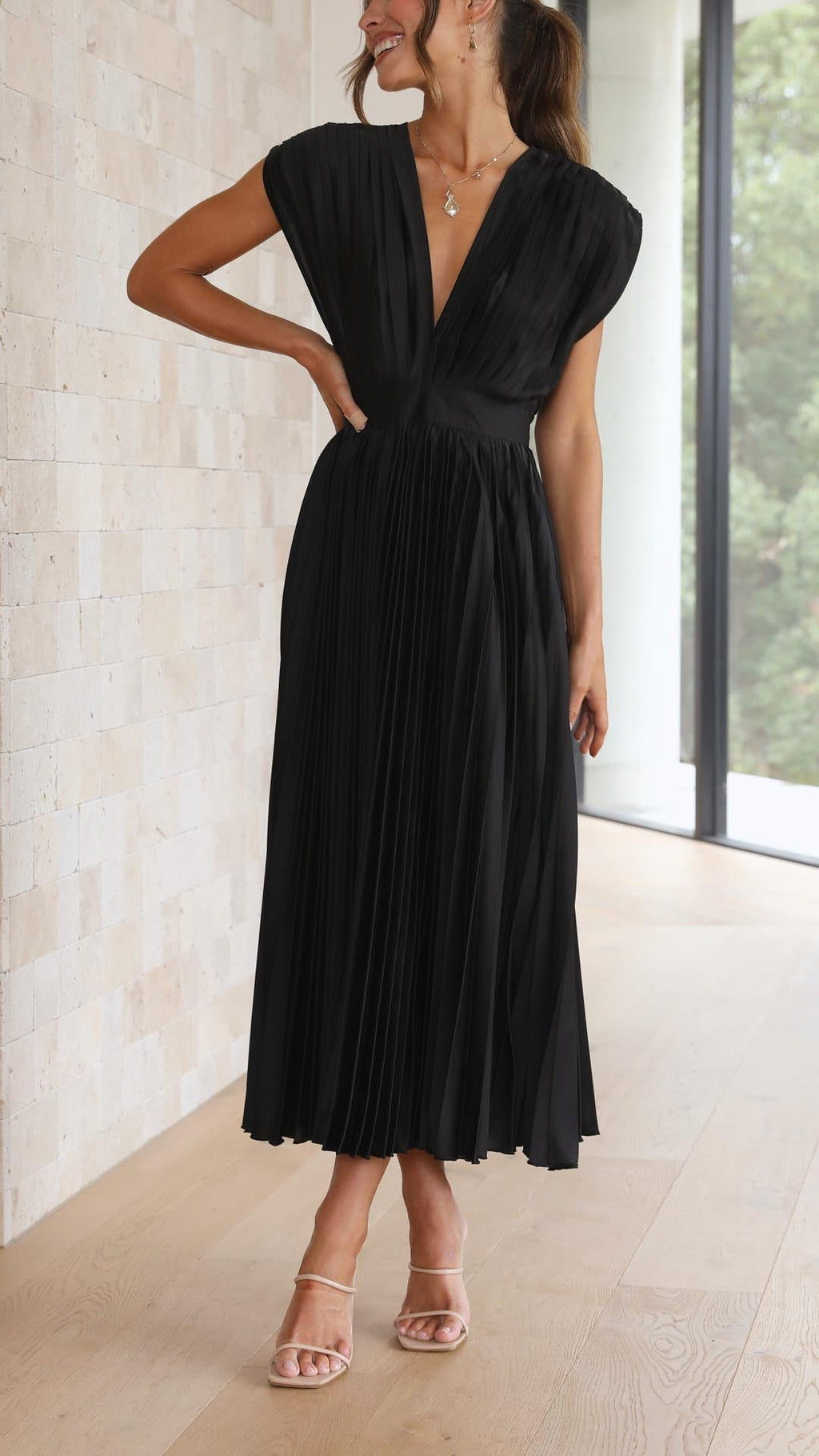 Women's Elegant Pleated Midi Dress V-Neck Wrap Flowing Wedding Guest Casual Evening Formal – Maria