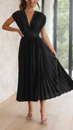 Women's Elegant Pleated Midi Dress V-Neck Wrap Flowing Wedding Guest Casual Evening Formal – Maria