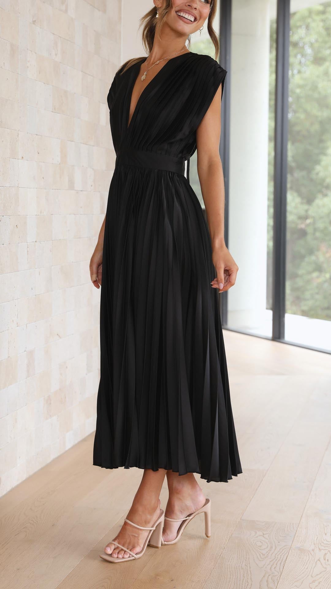 Women's Elegant Pleated Midi Dress V-Neck Wrap Flowing Wedding Guest Casual Evening Formal – Maria