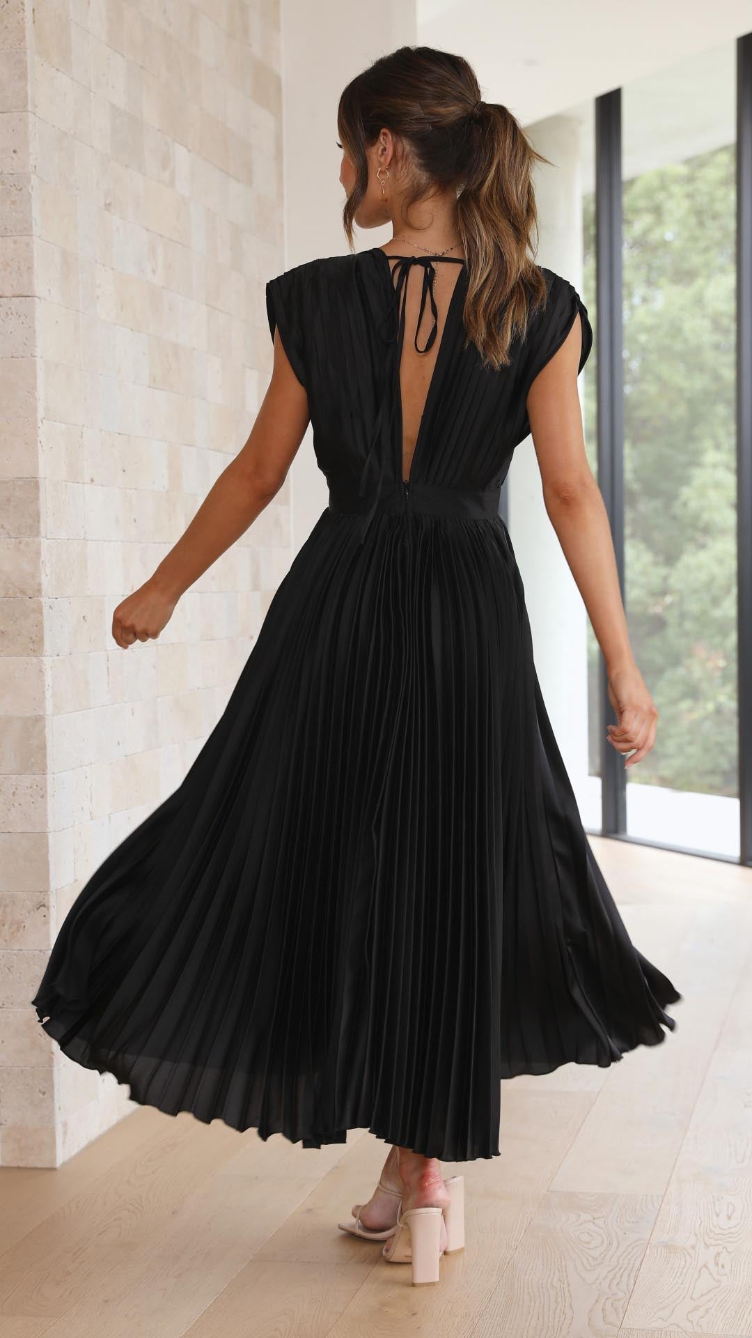 Women's Elegant Pleated Midi Dress V-Neck Wrap Flowing Wedding Guest Casual Evening Formal – Maria