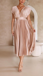 Women's Elegant Pleated Midi Dress V-Neck Wrap Flowing Wedding Guest Casual Evening Formal – Maria