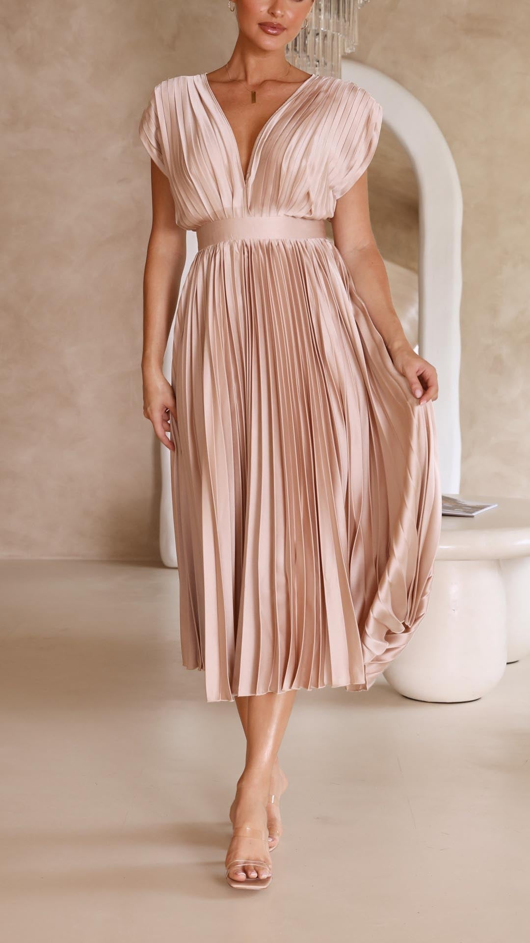 Women's Elegant Pleated Midi Dress V-Neck Wrap Flowing Wedding Guest Casual Evening Formal – Maria