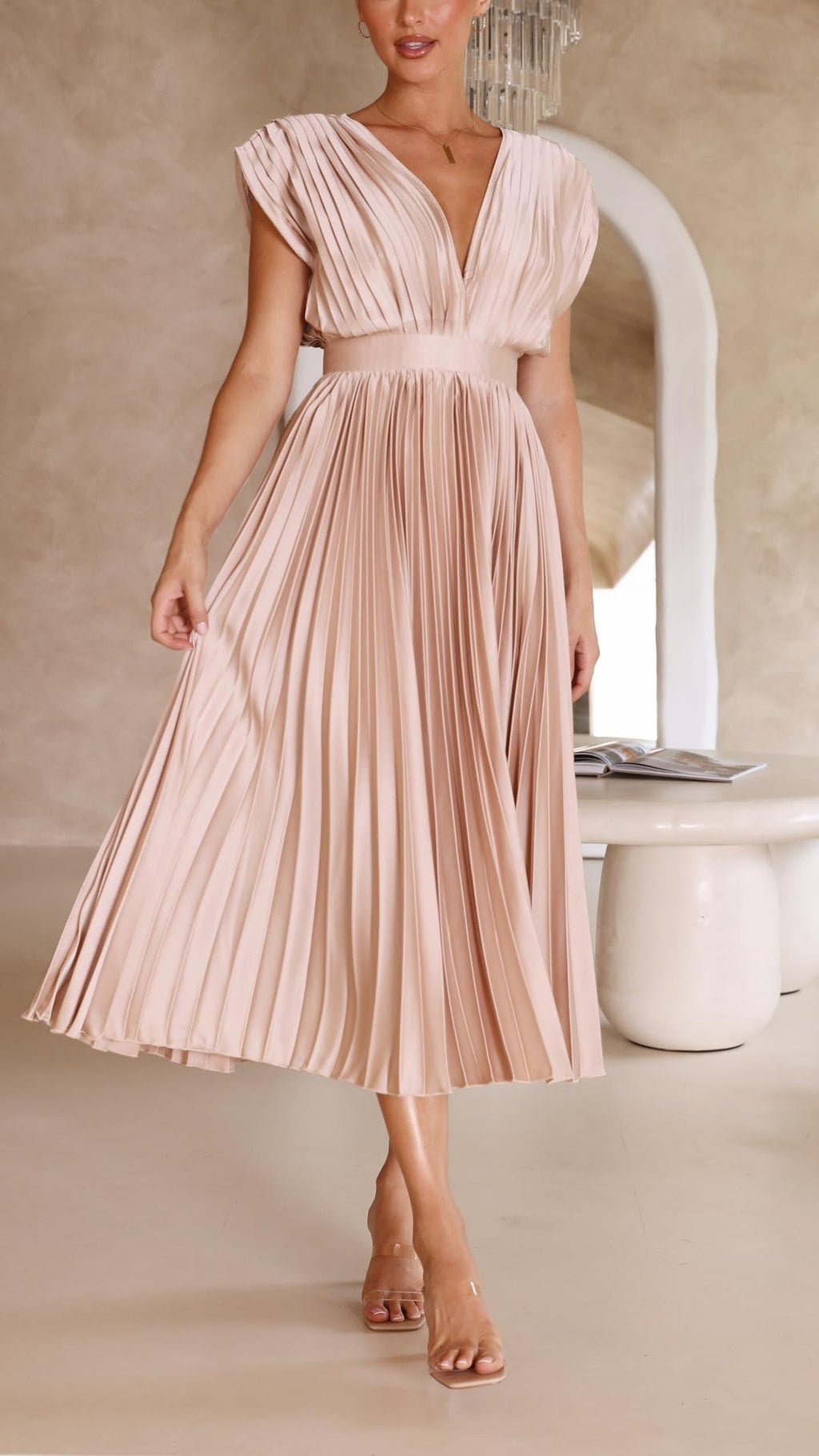 Women's Elegant Pleated Midi Dress V-Neck Wrap Flowing Wedding Guest Casual Evening Formal – Maria