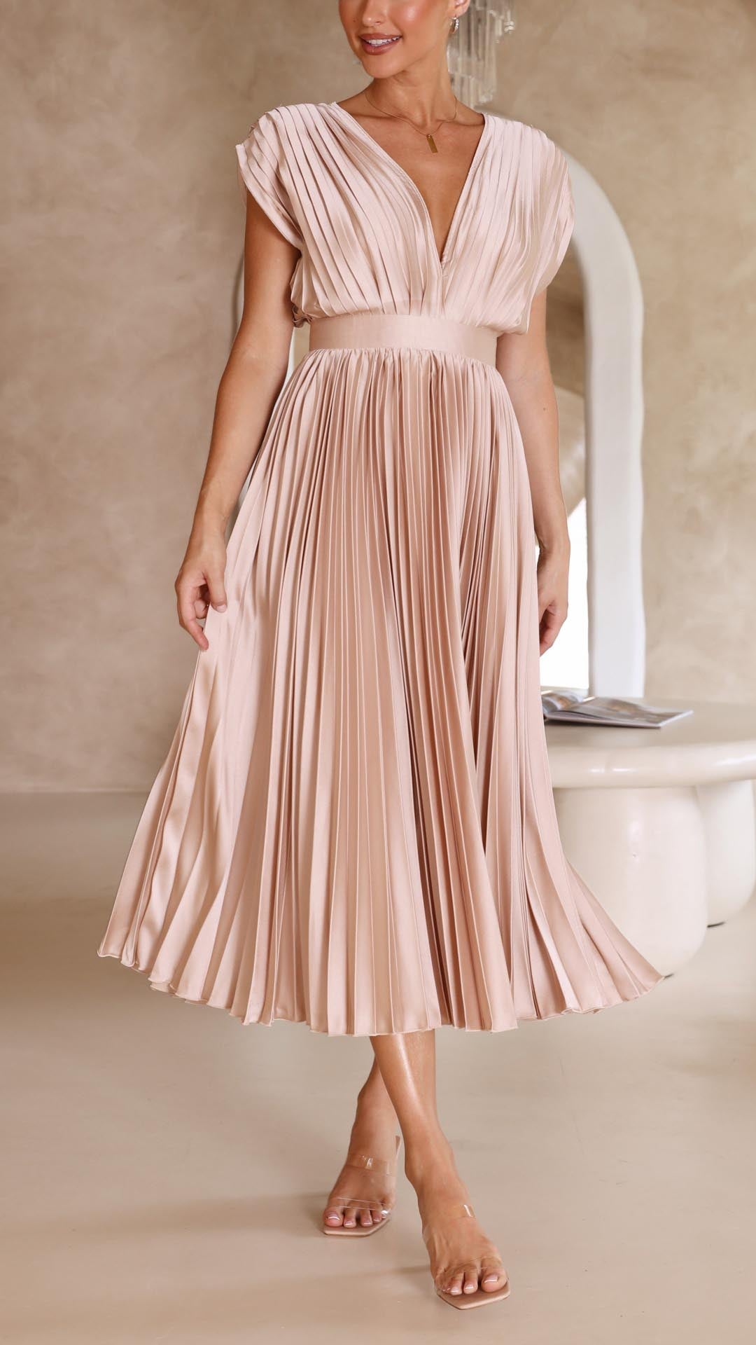 Women's Elegant Pleated Midi Dress V-Neck Wrap Flowing Wedding Guest Casual Evening Formal – Maria