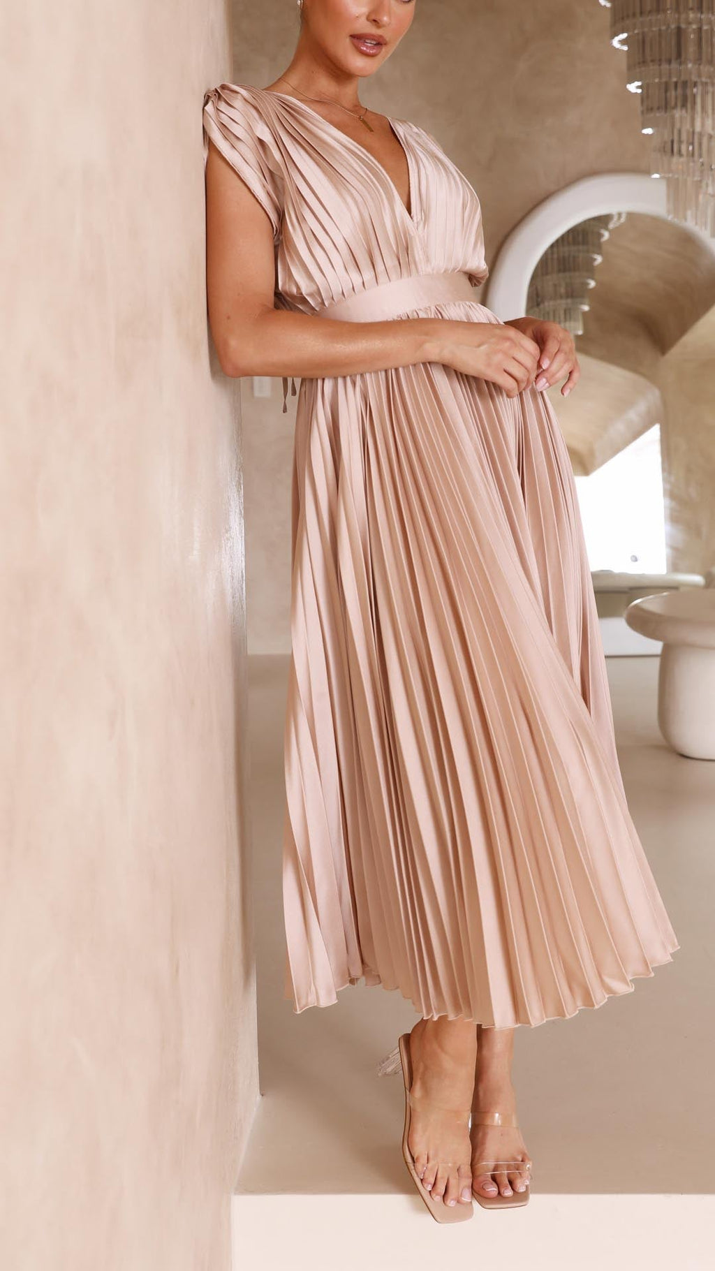 Women's Elegant Pleated Midi Dress V-Neck Wrap Flowing Wedding Guest Casual Evening Formal – Maria