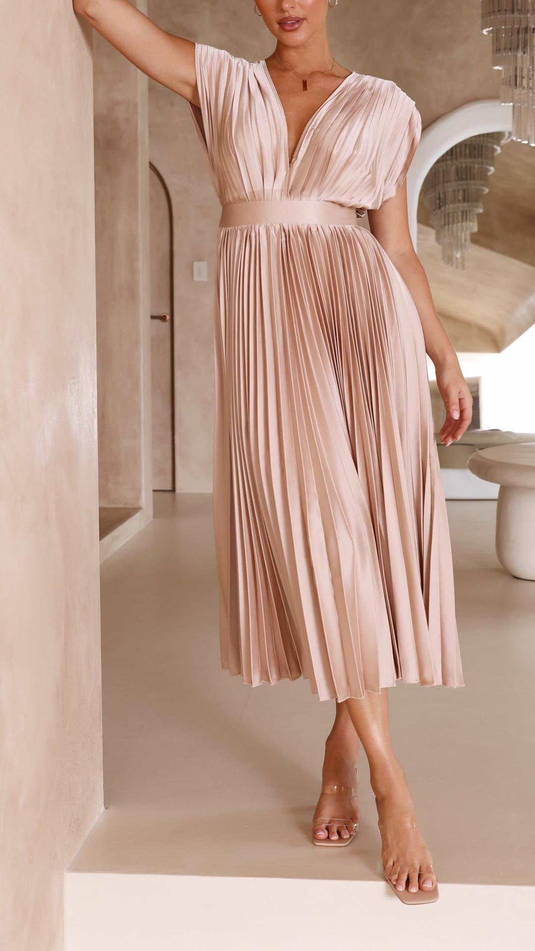 Women's Elegant Pleated Midi Dress V-Neck Wrap Flowing Wedding Guest Casual Evening Formal – Maria