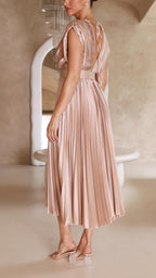 Women's Elegant Pleated Midi Dress V-Neck Wrap Flowing Wedding Guest Casual Evening Formal – Maria