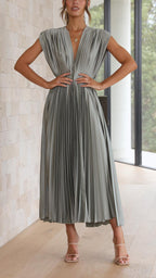Women's Elegant Pleated Midi Dress V-Neck Wrap Flowing Wedding Guest Casual Evening Formal – Maria