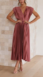 Women's Elegant Pleated Midi Dress V-Neck Wrap Flowing Wedding Guest Casual Evening Formal – Maria