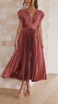 Women's Elegant Pleated Midi Dress V-Neck Wrap Flowing Wedding Guest Casual Evening Formal – Maria