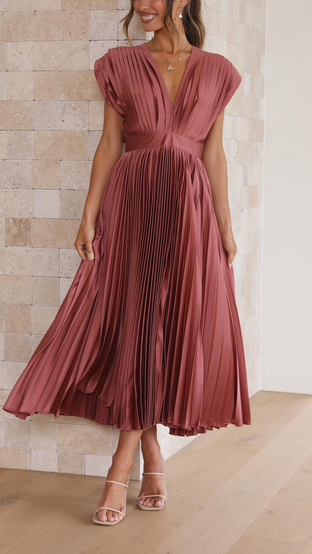 Women's Elegant Pleated Midi Dress V-Neck Wrap Flowing Wedding Guest Casual Evening Formal – Maria