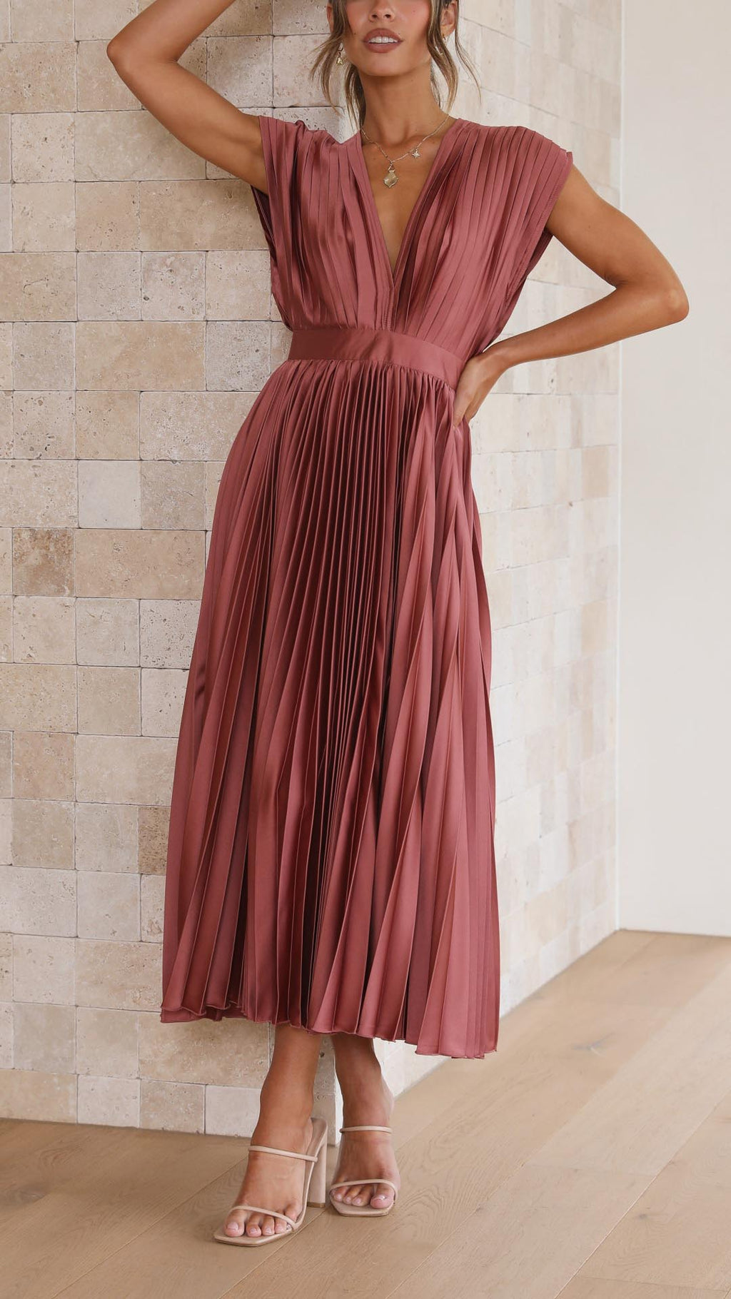 Women's Elegant Pleated Midi Dress V-Neck Wrap Flowing Wedding Guest Casual Evening Formal – Maria
