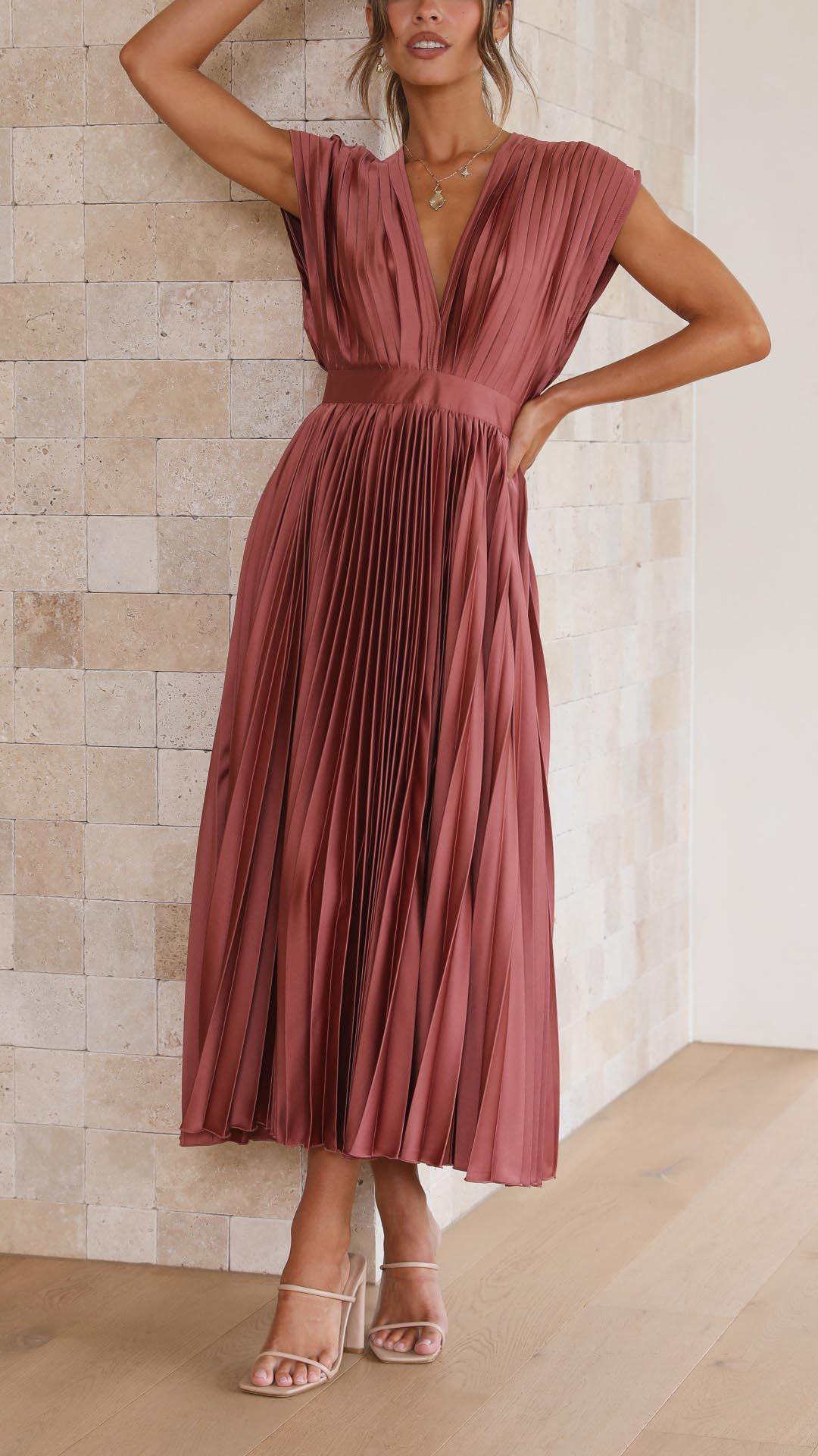 Women's Elegant Pleated Midi Dress V-Neck Wrap Flowing Wedding Guest Casual Evening Formal – Maria