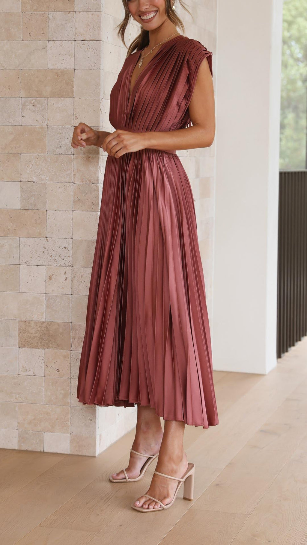 Women's Elegant Pleated Midi Dress V-Neck Wrap Flowing Wedding Guest Casual Evening Formal – Maria