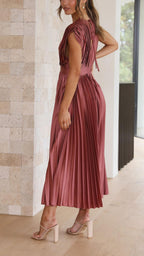 Women's Elegant Pleated Midi Dress V-Neck Wrap Flowing Wedding Guest Casual Evening Formal – Maria
