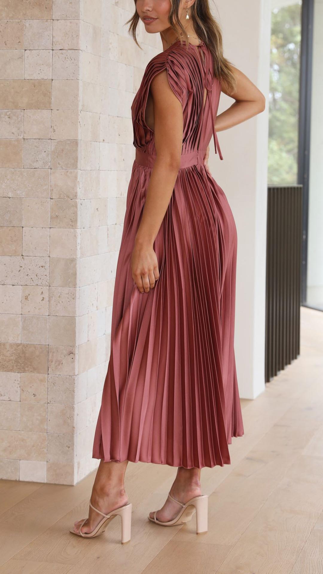 Women's Elegant Pleated Midi Dress V-Neck Wrap Flowing Wedding Guest Casual Evening Formal – Maria