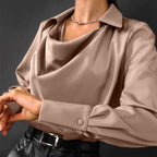 Women's Drape Neck Long Sleeve Satin Blouse Silky Elegant Office Evening Versatile Chic – Samantha