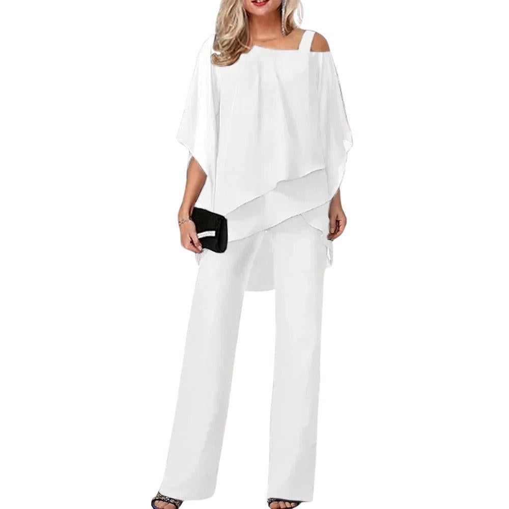 Women's Formal Festive Chiffon Pantsuit Elegant Wide-Leg Flowing Top & Pants Party Event Set