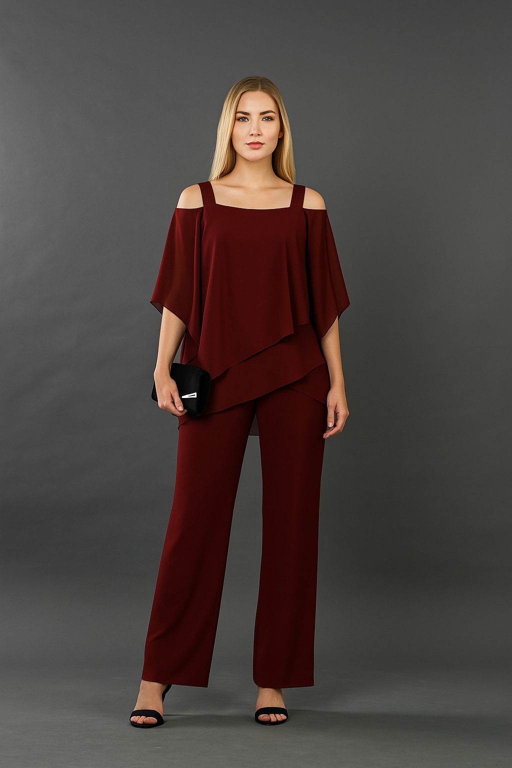 Women's Elegant Two-Piece Set Top & Wide-Leg Pants Formal Evening Wedding Guest Gala Cocktail Party Luxury – Burgundy Black White Blue