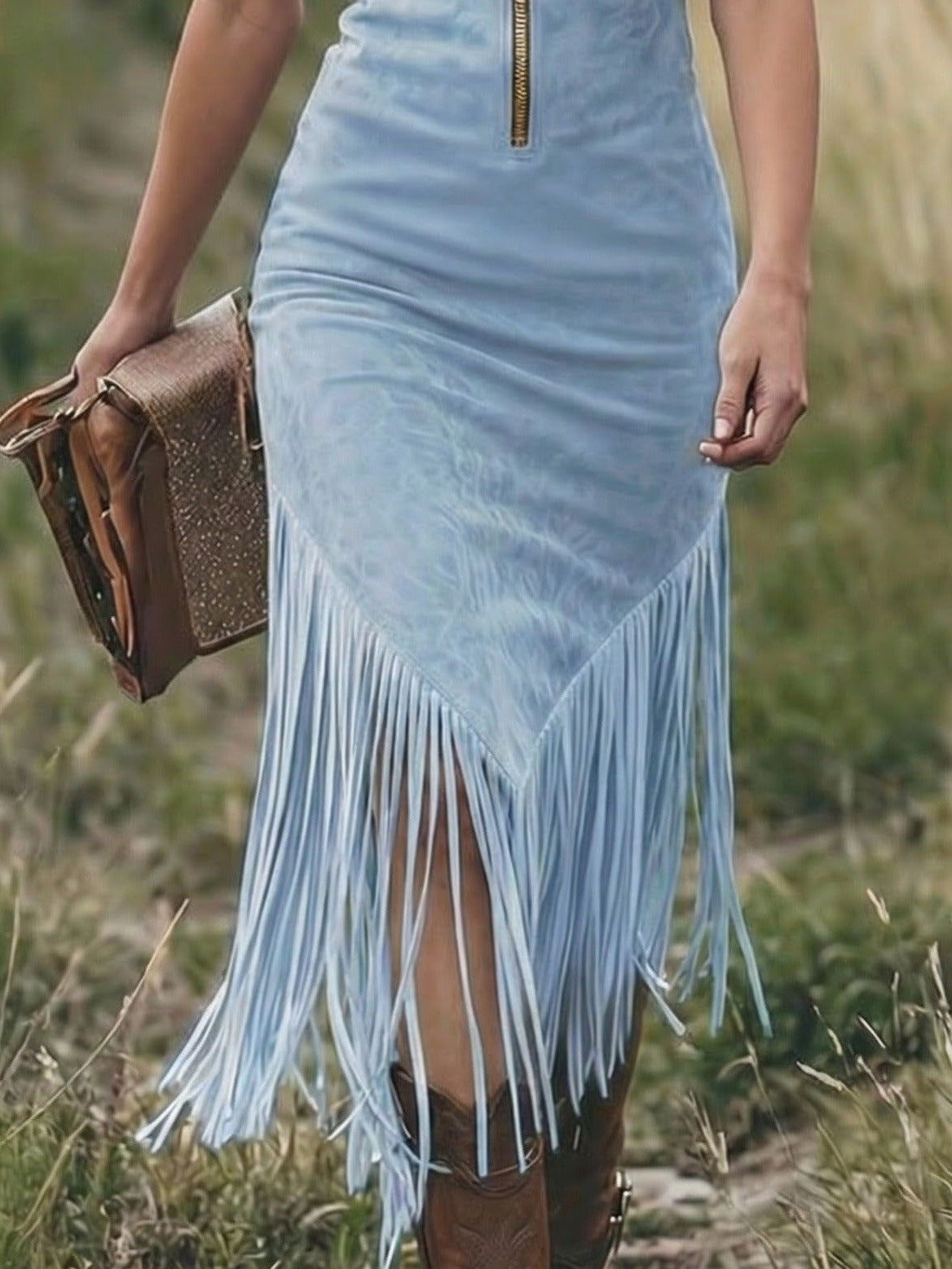 Women's Retro Western Cowgirl Midi Dress Lapel Zipper Tassel Detail Casual Vintage – Camel