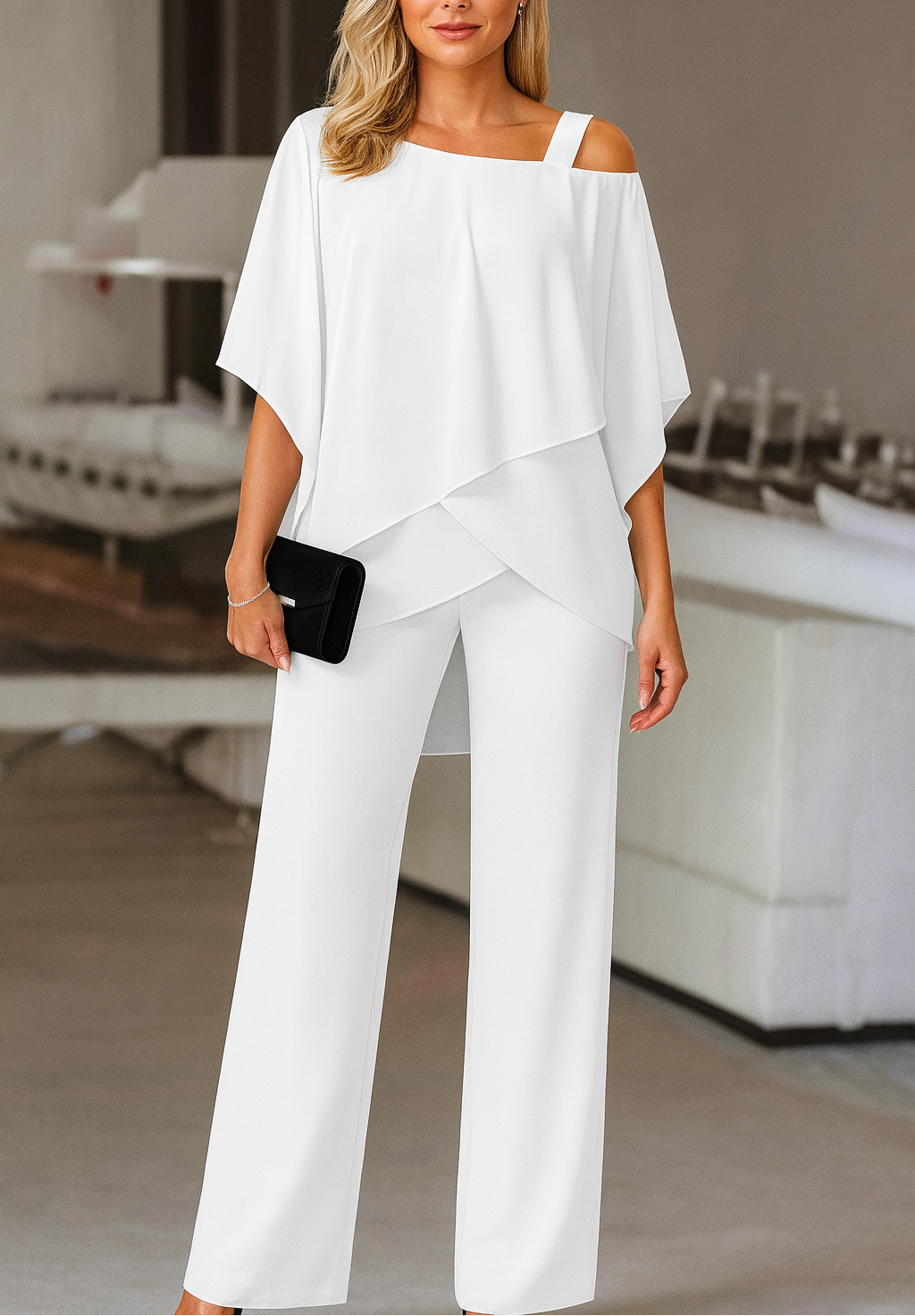 Women's Elegant Two-Piece Set Top & Wide-Leg Pants Formal Evening Wedding Guest Gala Cocktail Party Luxury – Burgundy Black White Blue