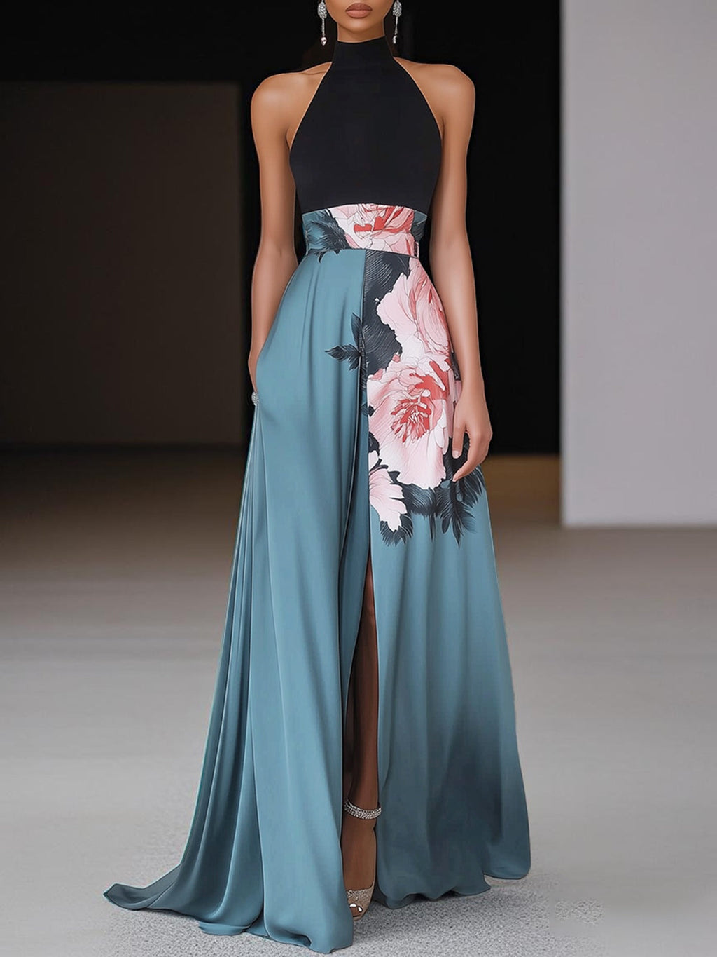 Women's Floral Long Dress Black Halter Sleeveless A-Line Side Slit Wedding Guest Formal – Janelle