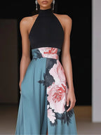Women's Floral Long Dress Black Halter Sleeveless A-Line Side Slit Wedding Guest Formal – Janelle