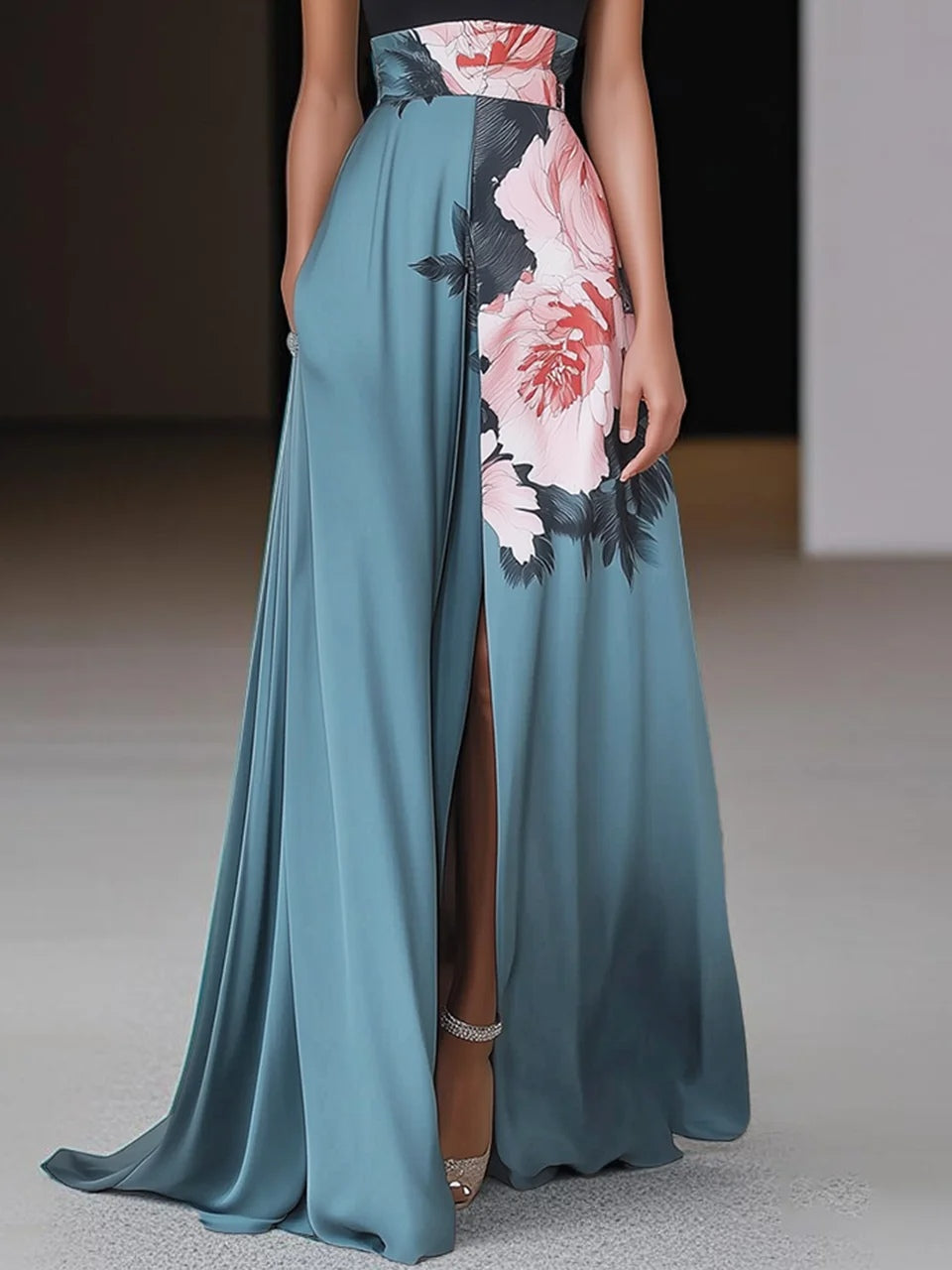 Women's Floral Long Dress Black Halter Sleeveless A-Line Side Slit Wedding Guest Formal – Janelle
